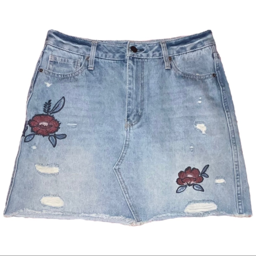 Altar’d State Embroidered Floral 80s Patches Distressed Raw Hem Denim Mini Skirt